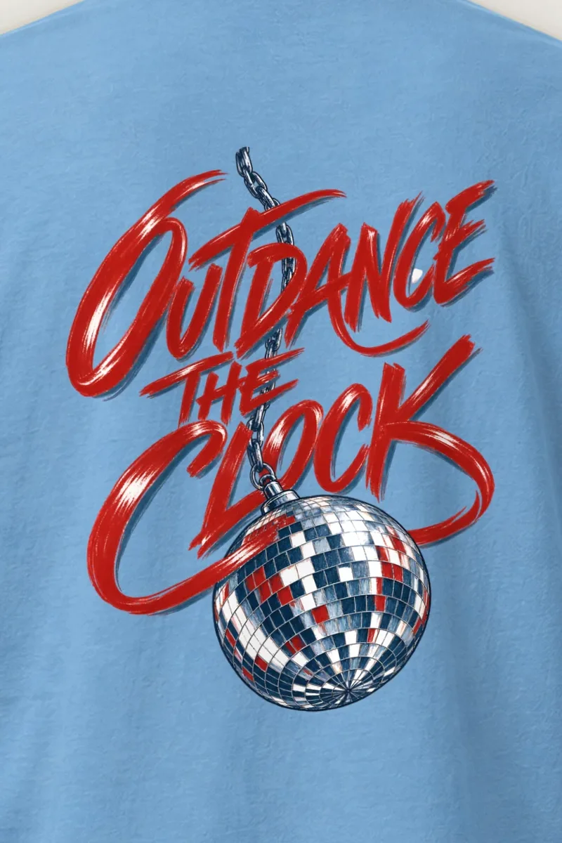 "Outdance the Clock" Heavyweight Unisex Crewneck T-shirt - the graphic up close