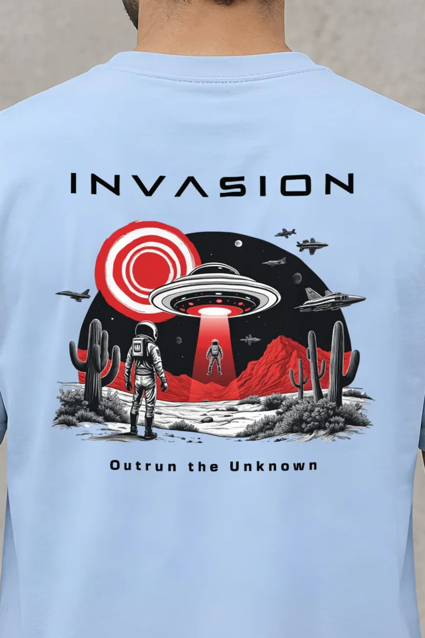 "Outrun The Unknown" Heavyweight Unisex Crewneck T-shirt - the graphic up close