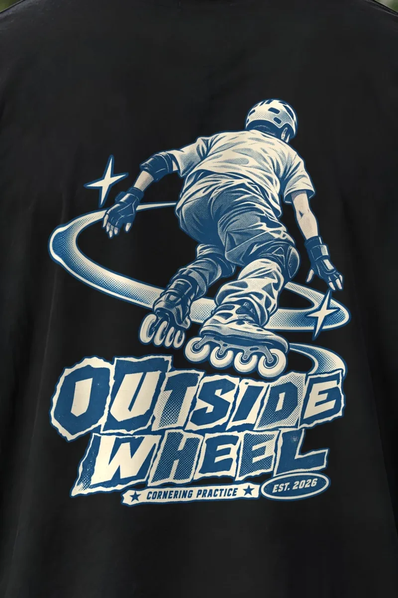 "Outside Wheel Cornering Practice" Men’s Oversized Heavyweight Crewneck T-Shirt - the graphic up close