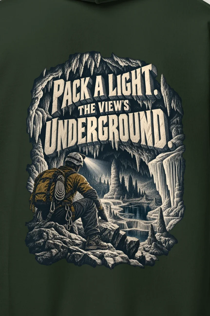 "Pack a Light Underground View" Heavy Blend Unisex Pullover Hoodie - the graphic up close