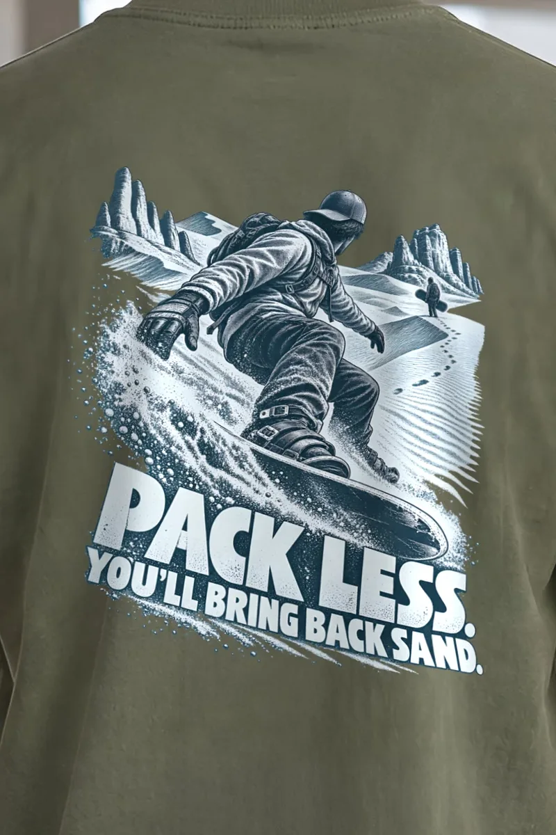 "Pack Less, Bring Back Sand" Heavyweight Unisex Crewneck T-shirt - the graphic up close