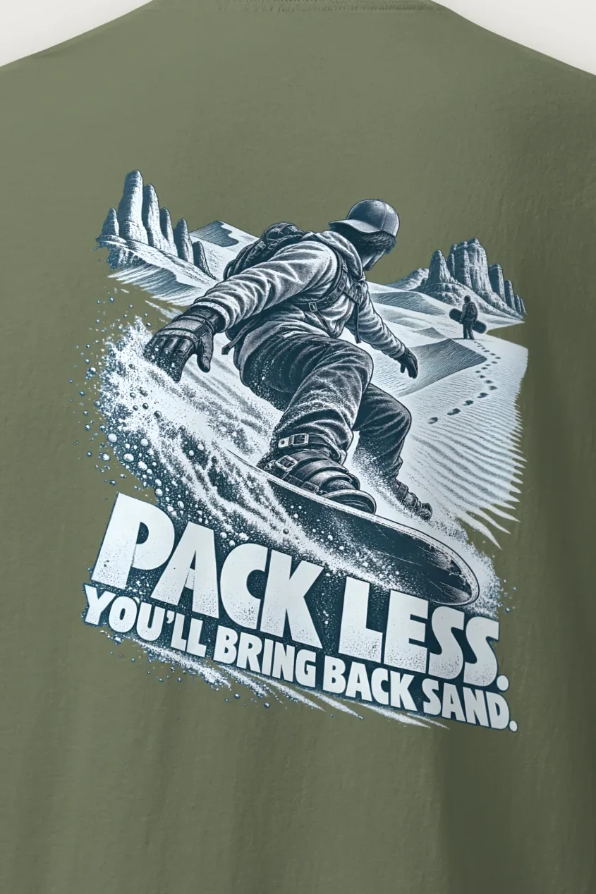 "Pack Less, Bring Back Sand" Heavyweight Unisex Crewneck T-shirt - the graphic up close