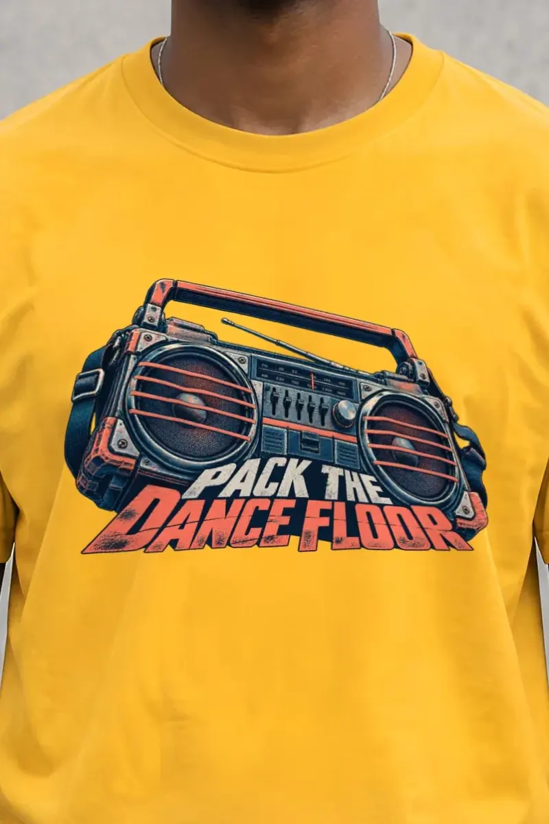 "Pack the Dance Floor" Heavyweight Unisex Crewneck T-shirt - the graphic up close