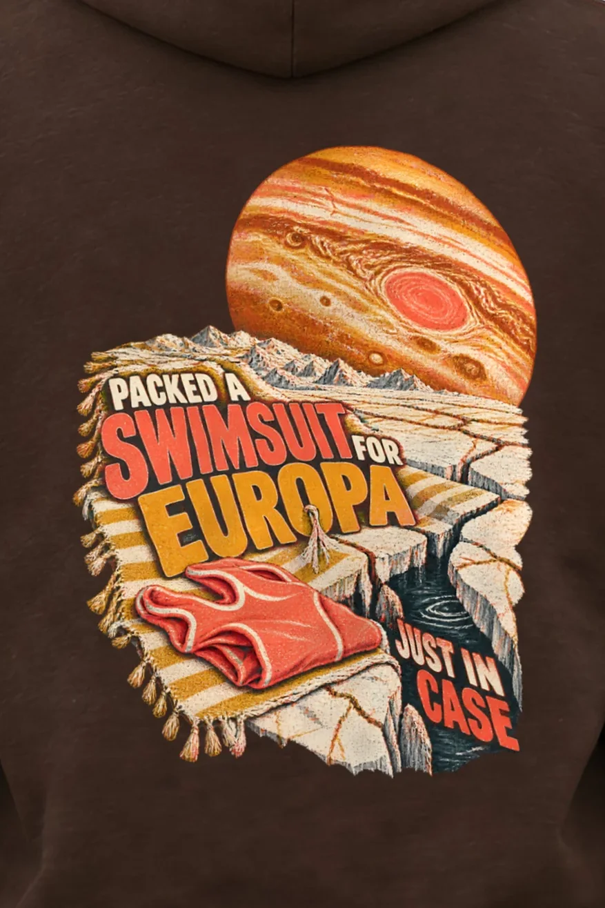 "Packed a Swimsuit for Europa" Heavy Blend Unisex Pullover Hoodie - the graphic up close