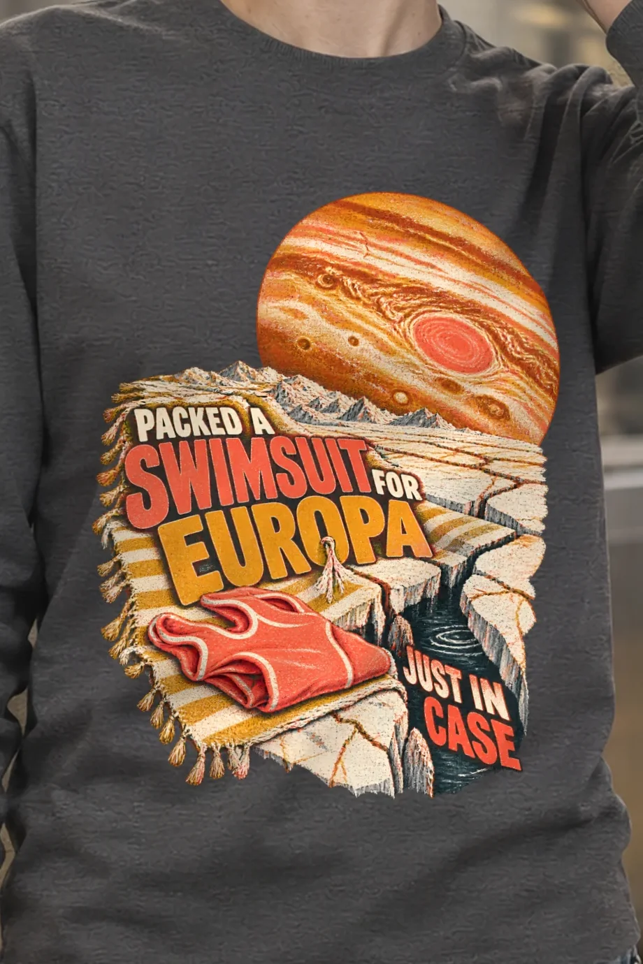 "Packed A Swimsuit For Europa" Unisex Longsleeve T-shirt - the graphic up close