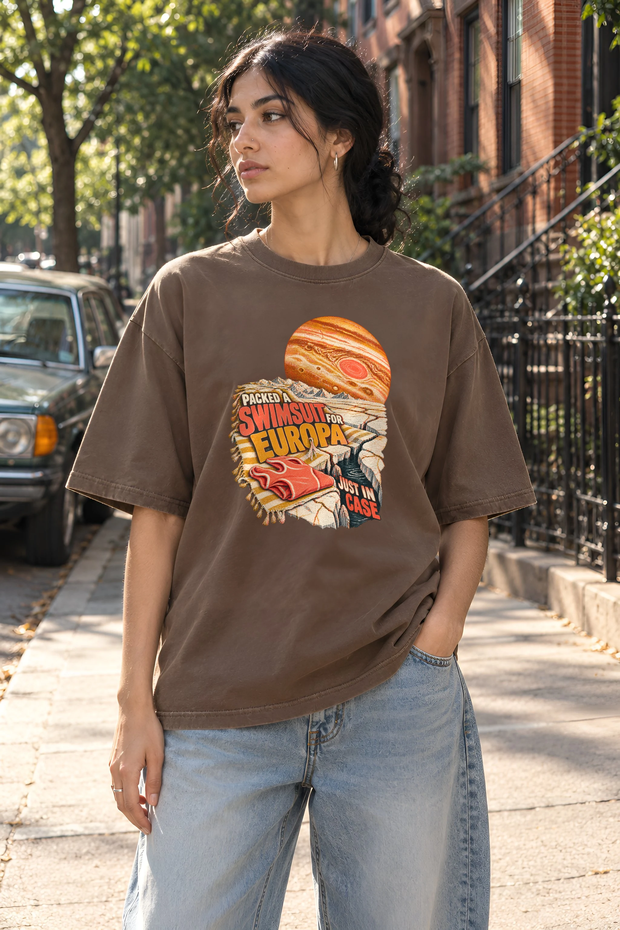 "Packed a Swimsuit for Europa" Unisex Oversized Heavyweight Crewneck T-Shirt