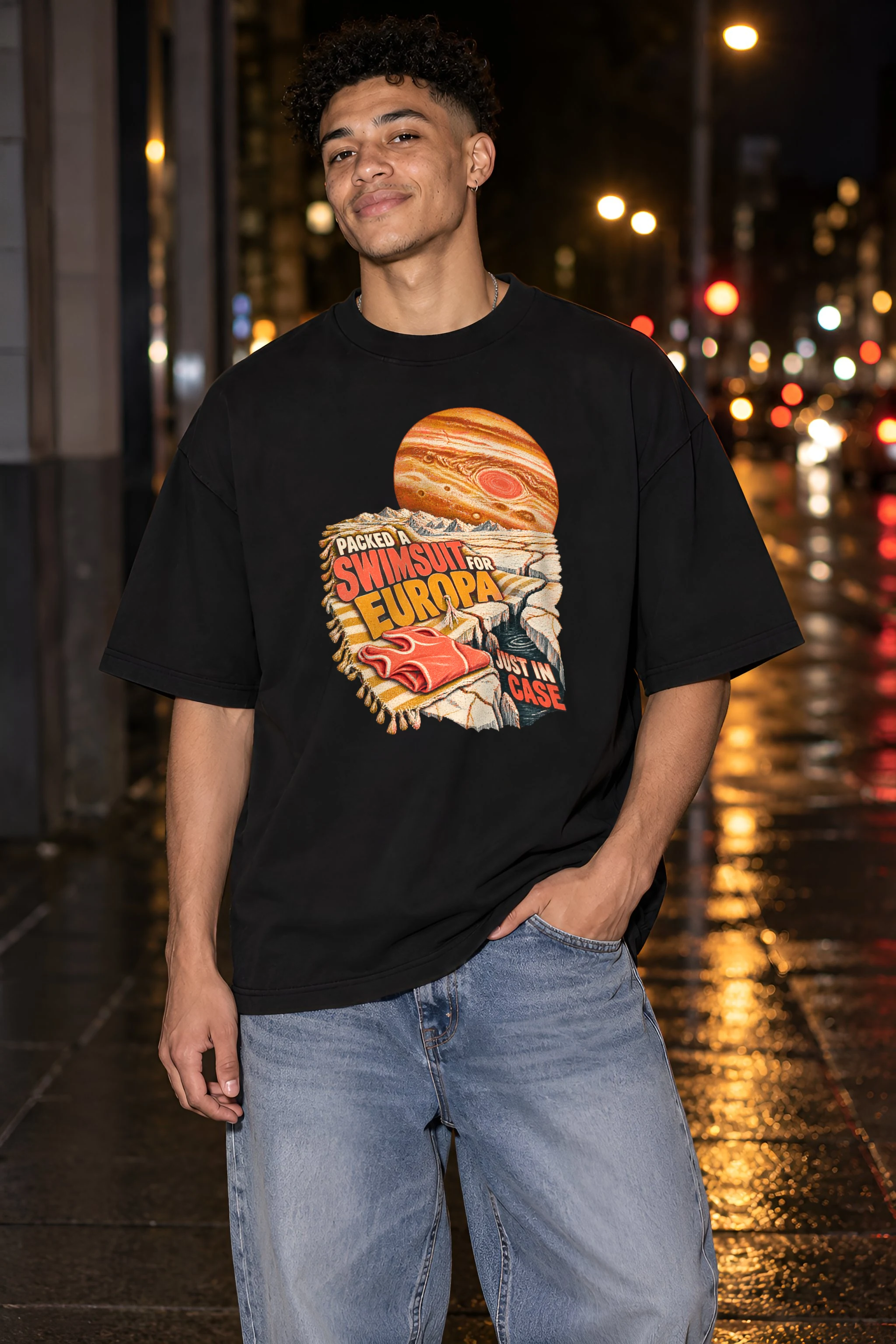"Packed a Swimsuit for Europa" Unisex Oversized Heavyweight Crewneck T-Shirt