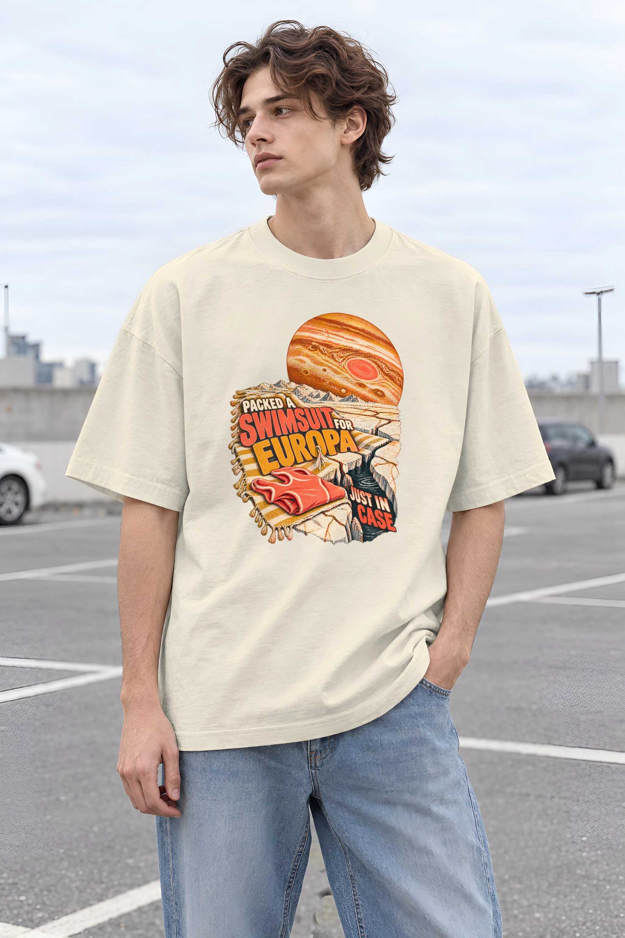 "Packed a Swimsuit for Europa" Unisex Oversized Heavyweight Crewneck T-Shirt
