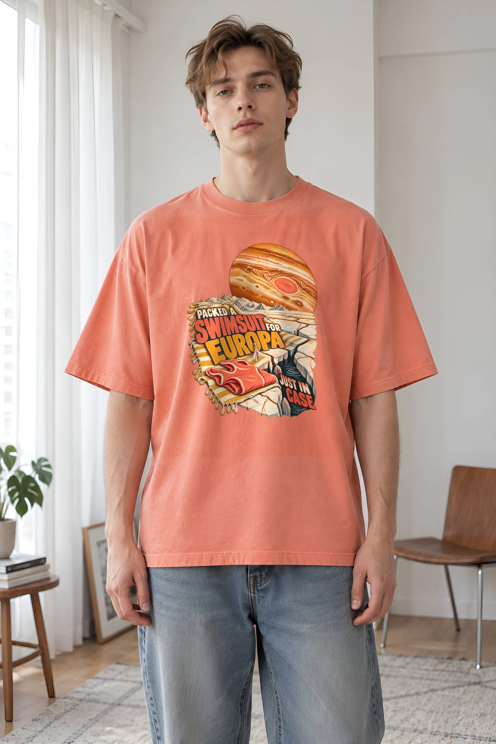"Packed a Swimsuit for Europa" Unisex Oversized Heavyweight Crewneck T-Shirt