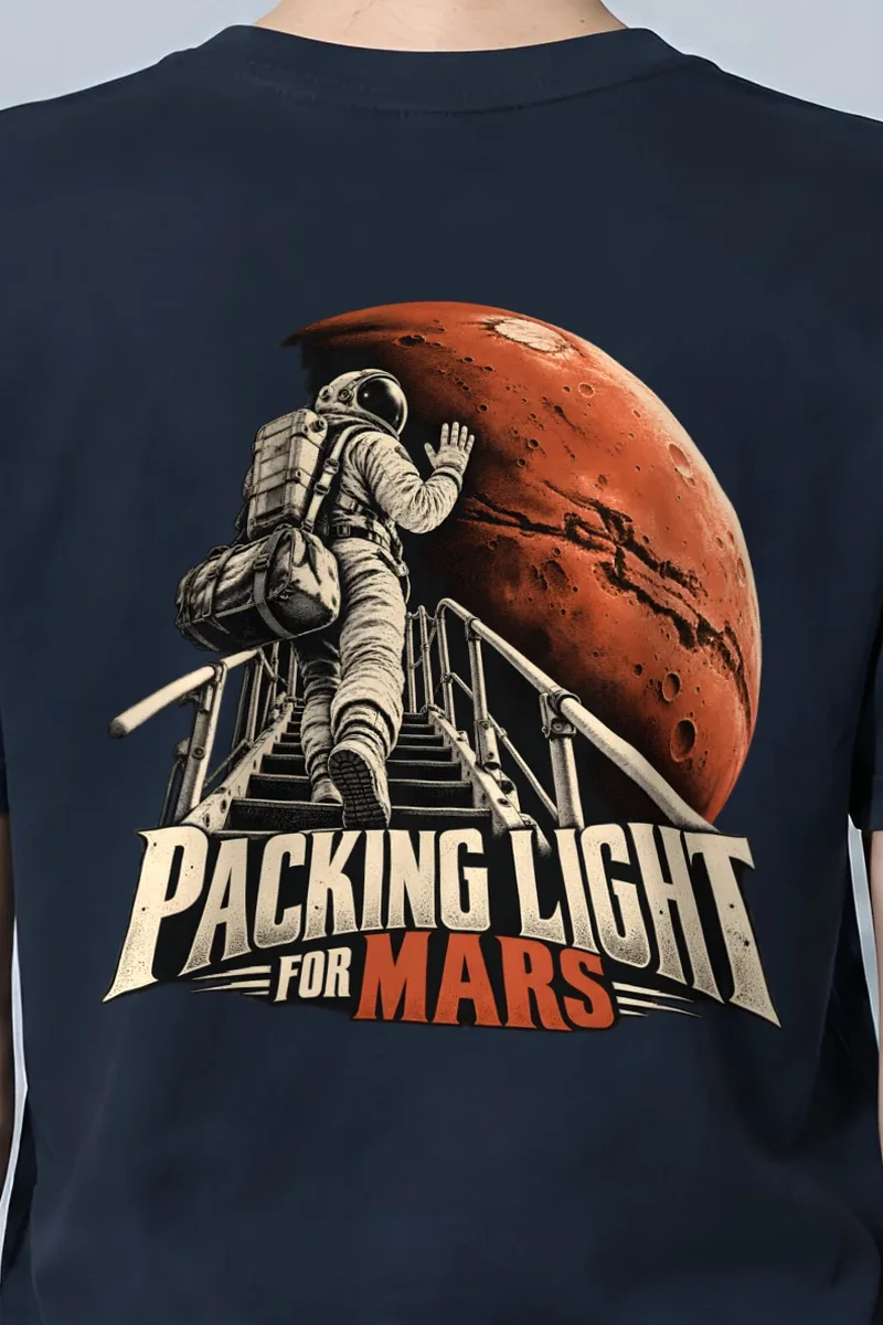 "Packing Light for Mars" Heavyweight Unisex Crewneck T-shirt - the graphic up close