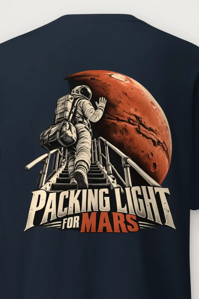 "Packing Light for Mars" Heavyweight Unisex Crewneck T-shirt - the graphic up close