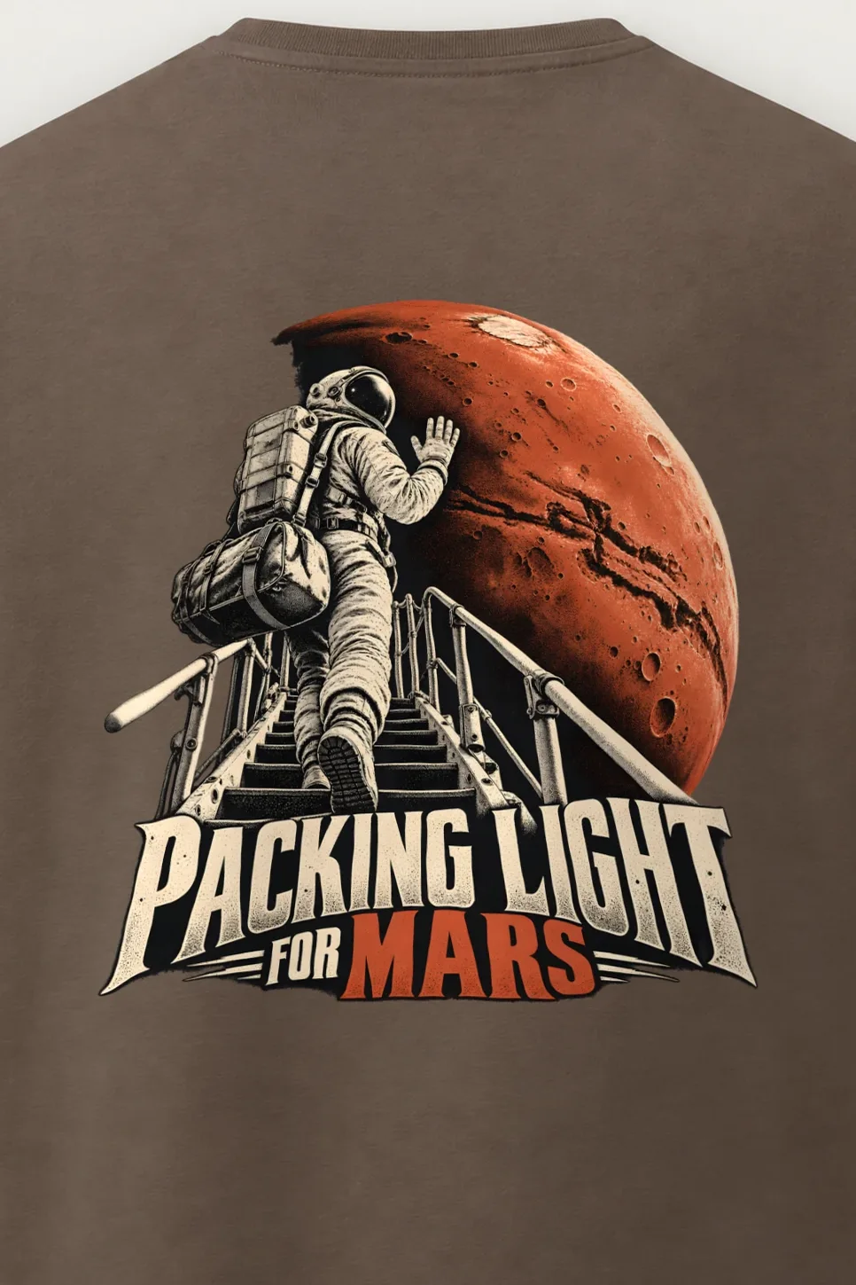 "Packing Light for Mars" Men’s Oversized Heavyweight Crewneck T-Shirt - the graphic up close
