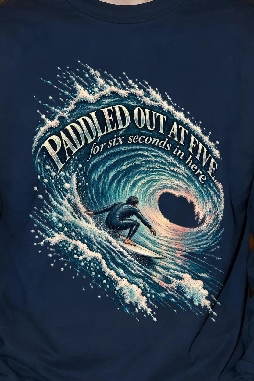 "Paddled Out At Five" Unisex Longsleeve T-shirt - the graphic up close