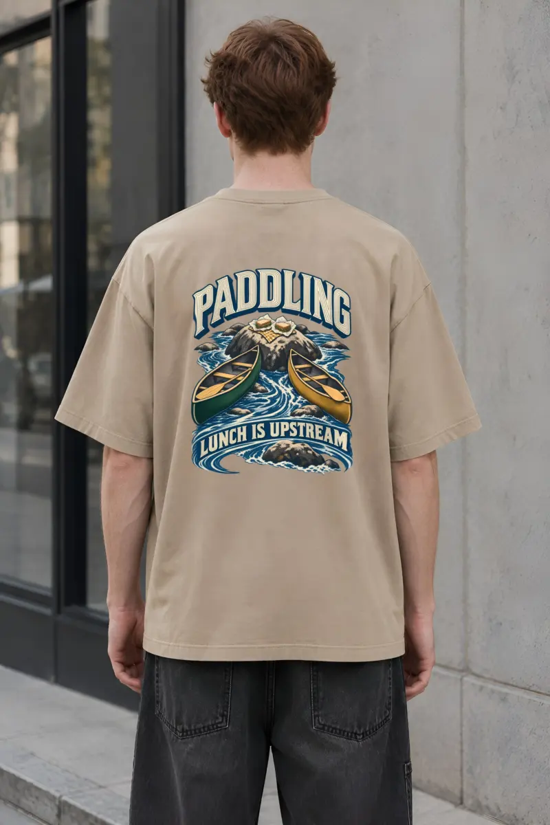 “Paddling Lunch Is Upstream” Men’s Oversized Heavyweight Crewneck T-Shirt