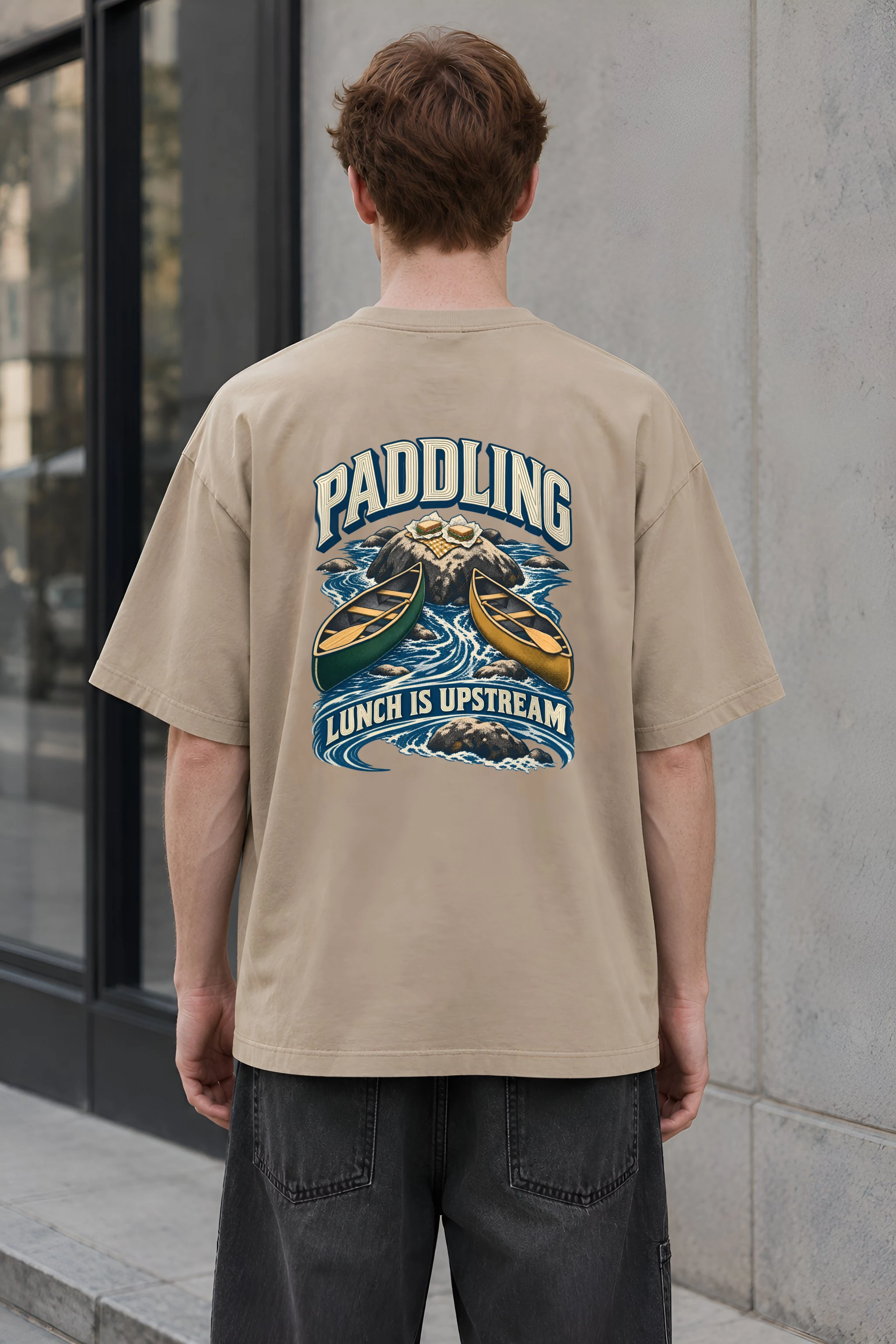 "Paddling Lunch Is Upstream" Men's Oversized Heavyweight Crewneck T-Shirt