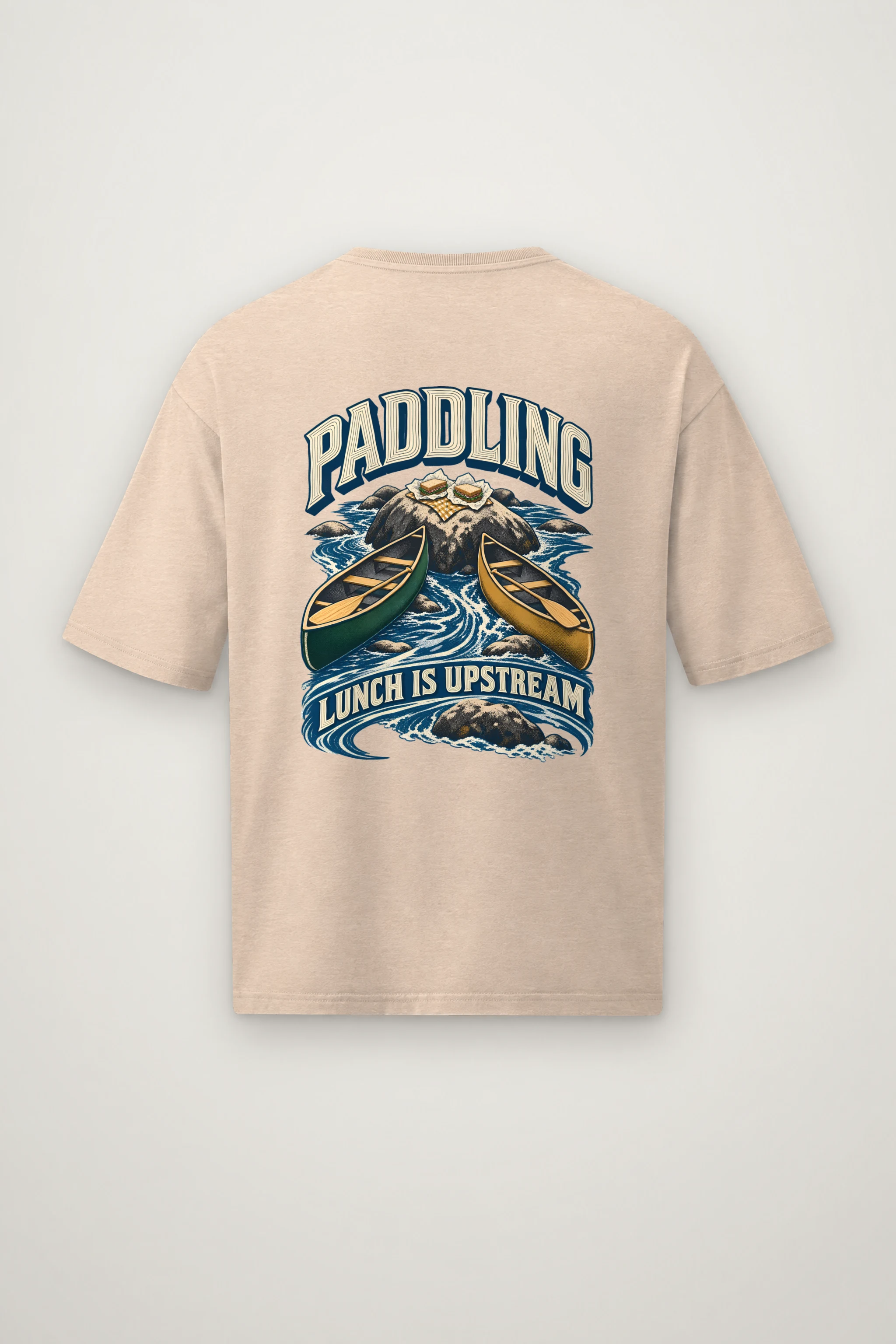 "Paddling Lunch Is Upstream" Men's Oversized Heavyweight Crewneck T-Shirt