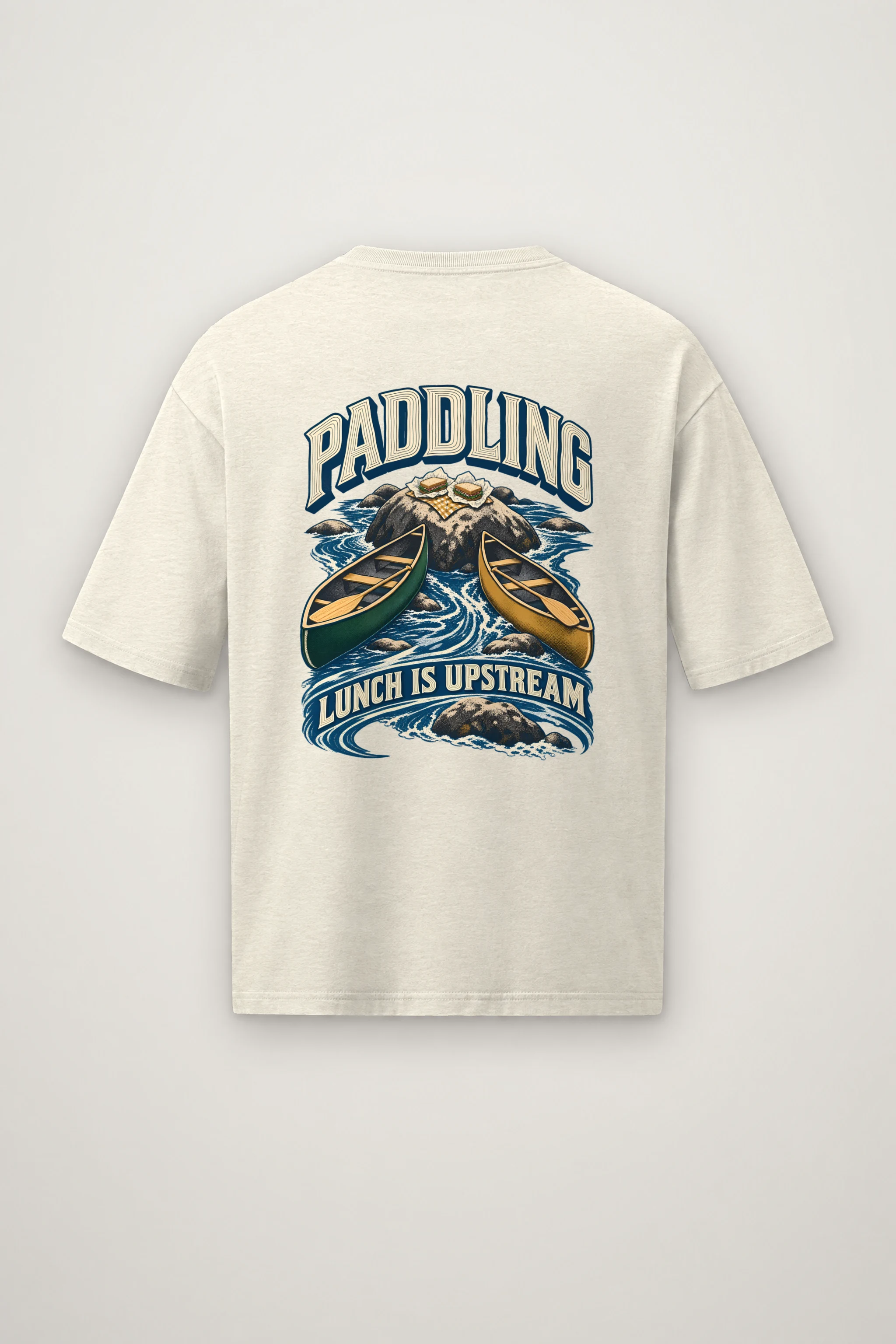 "Paddling Lunch Is Upstream" Men's Oversized Heavyweight Crewneck T-Shirt