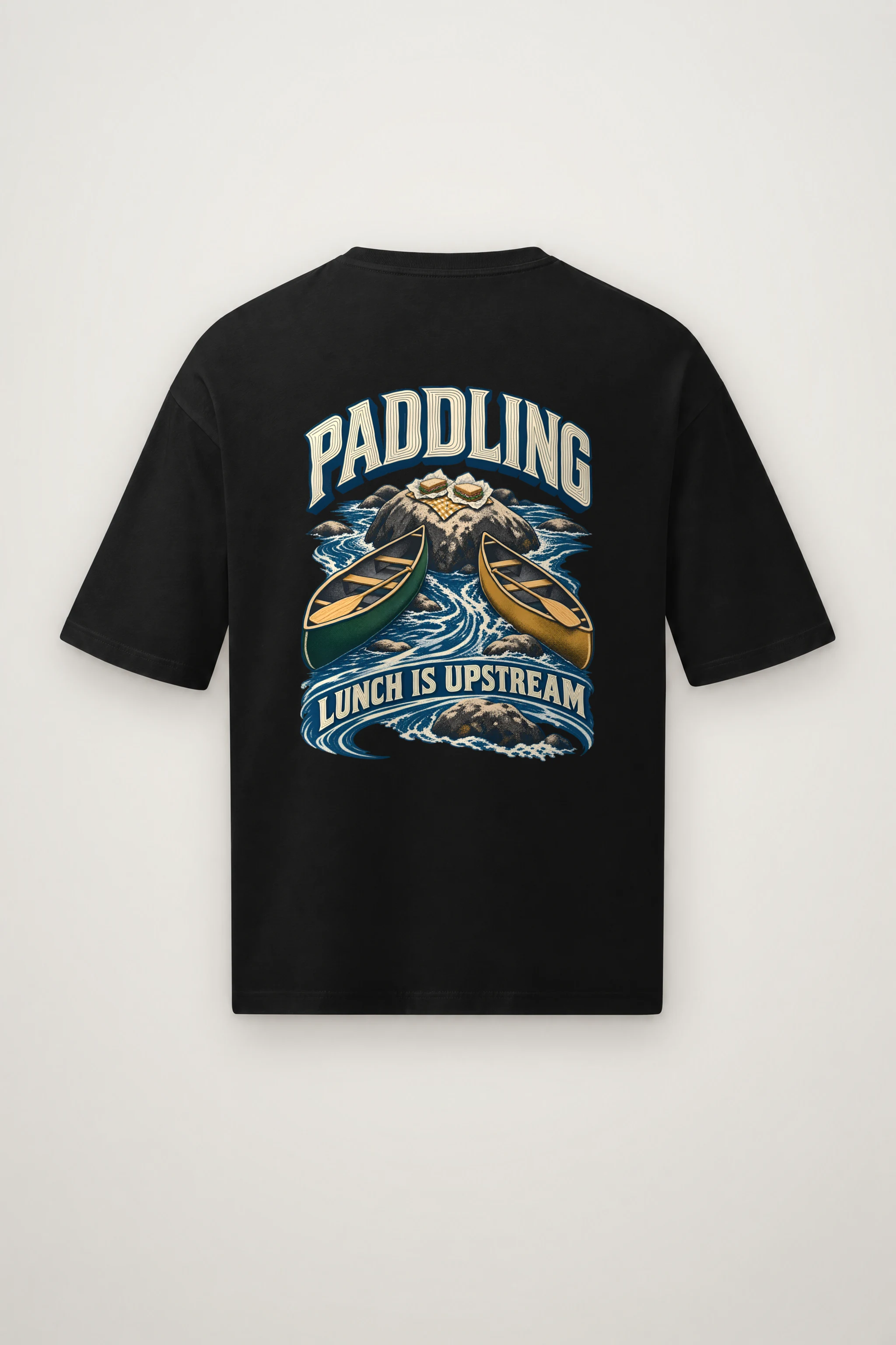 "Paddling Lunch Is Upstream" Men's Oversized Heavyweight Crewneck T-Shirt
