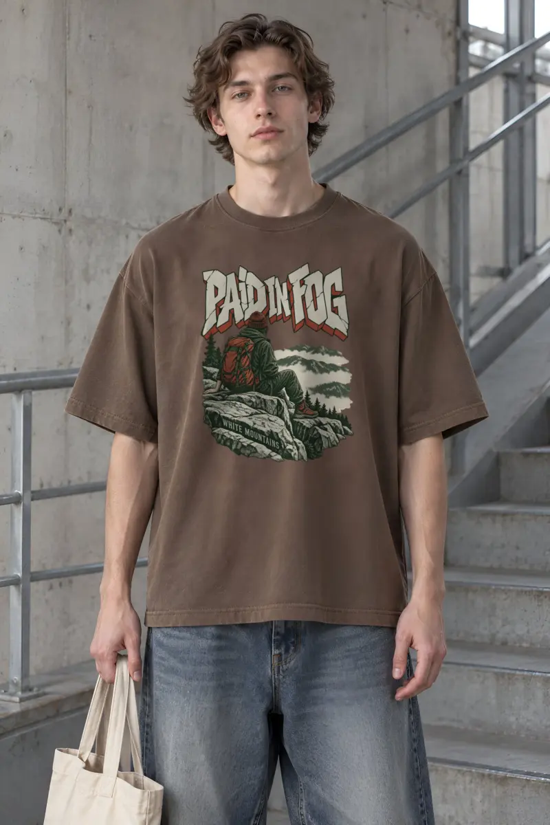 "Paid In Fog White Mountains" Men's Oversized Heavyweight Crewneck T-Shirt
