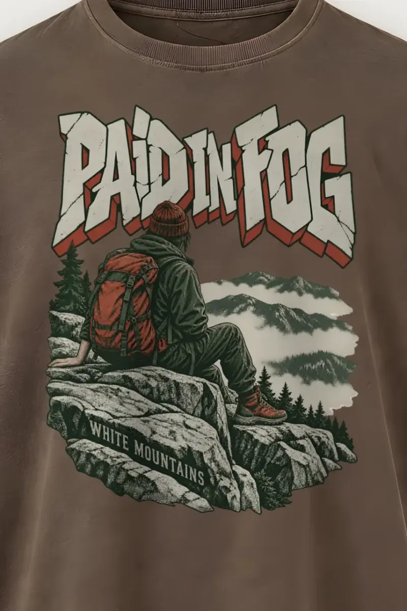 "Paid In Fog White Mountains" Men’s Oversized Heavyweight Crewneck T-Shirt - the graphic up close