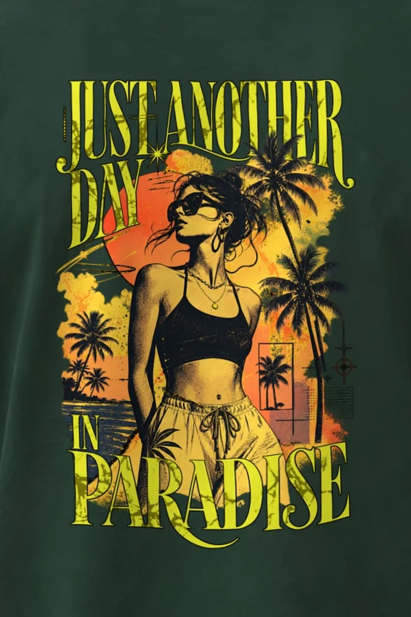 "Paradise Afterglow" Heavyweight Unisex Crewneck T-shirt - the graphic up close