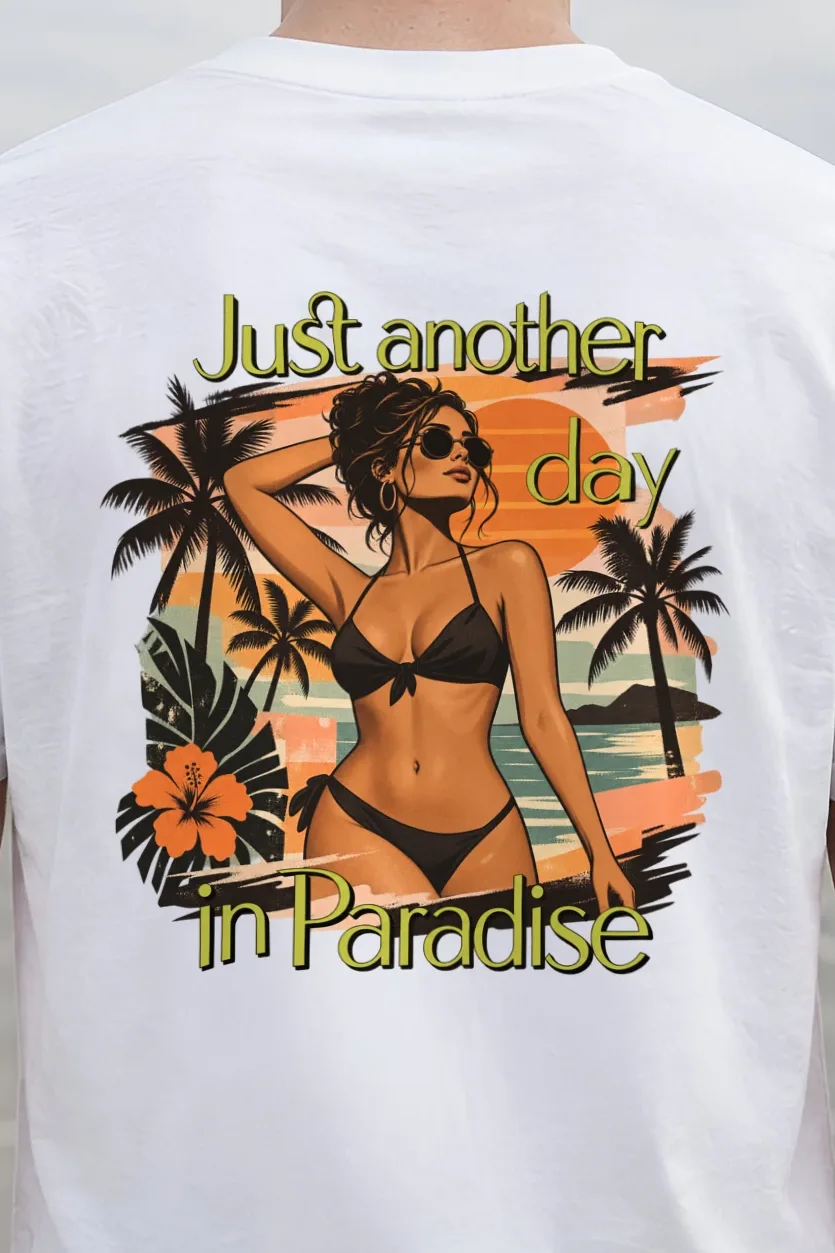 "Paradise Day" Heavyweight Unisex Crewneck T-shirt - the graphic up close