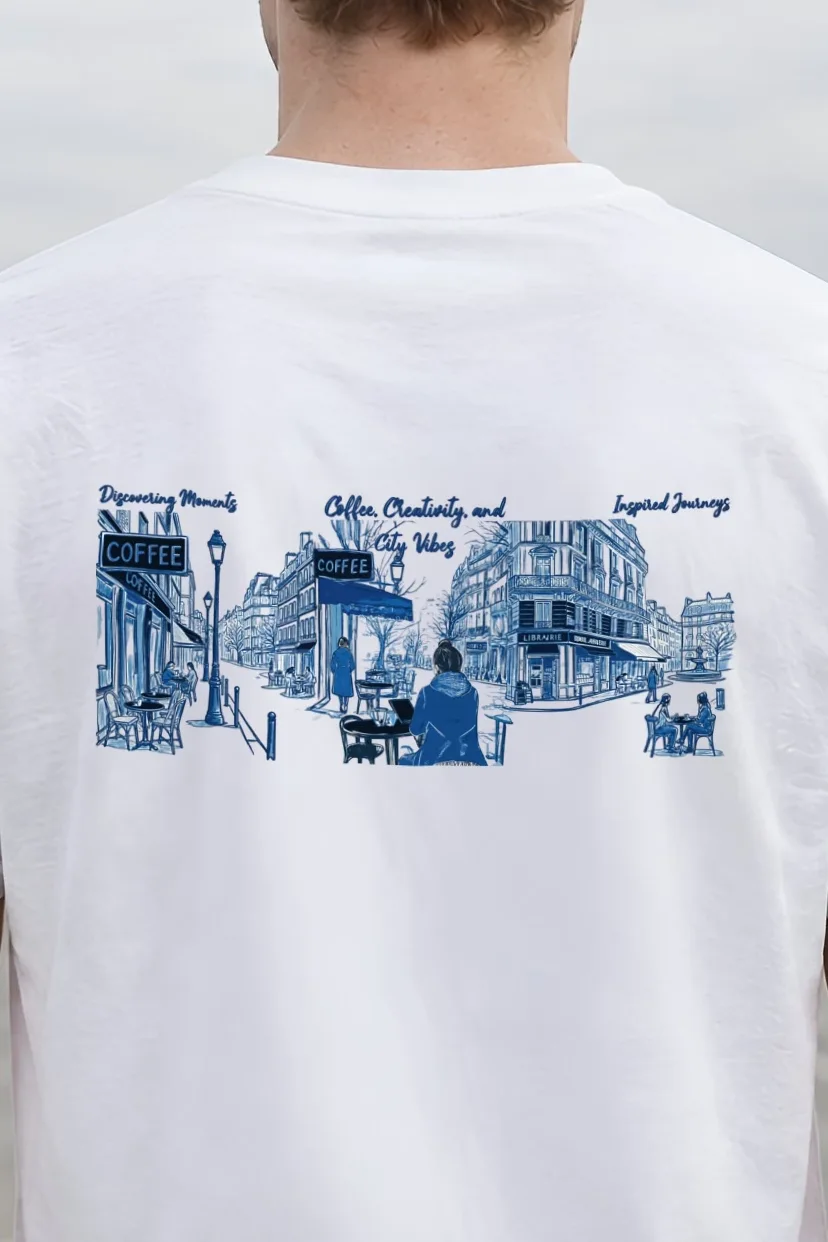 "Paris Café Sketch" Heavyweight Unisex Crewneck T-shirt - the graphic up close