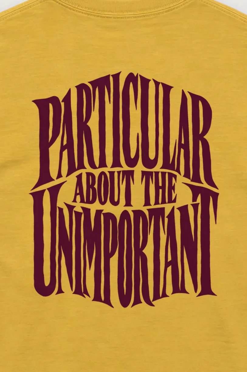 "Particular About the Unimportant" Unisex Longsleeve T-shirt - the graphic up close