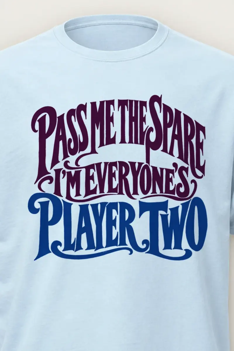 "Pass Me the Spare Player Two" Heavyweight Unisex Crewneck T-shirt - the graphic up close
