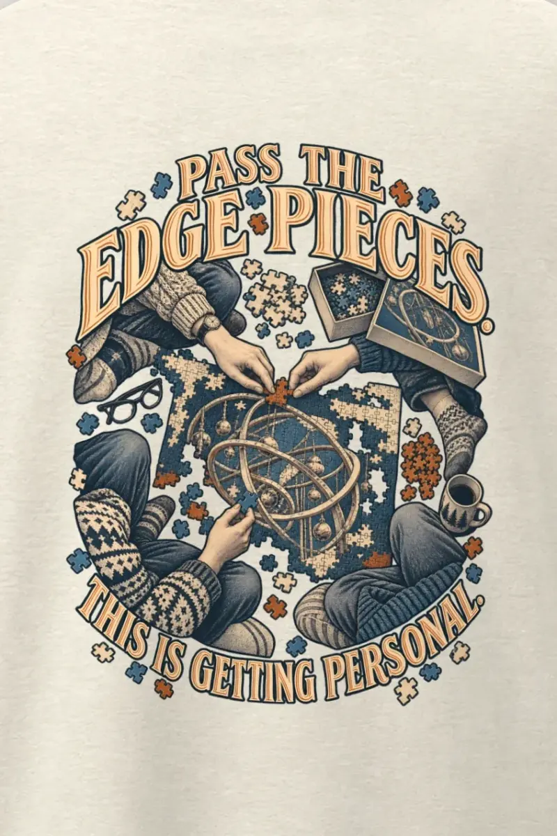 "Pass the Edge Pieces" Men’s Oversized Heavyweight Crewneck T-Shirt - the graphic up close