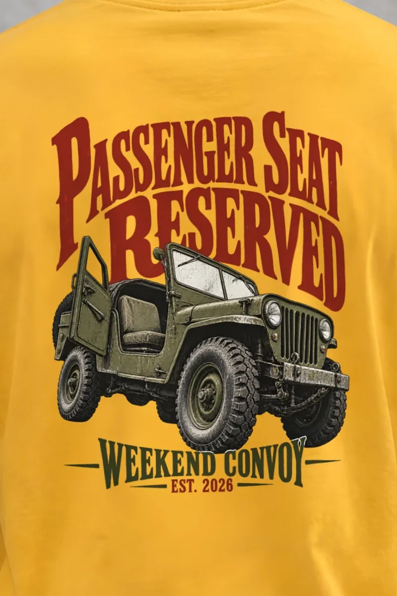 "Passenger Seat Reserved" Heavyweight Unisex Crewneck T-shirt - the graphic up close