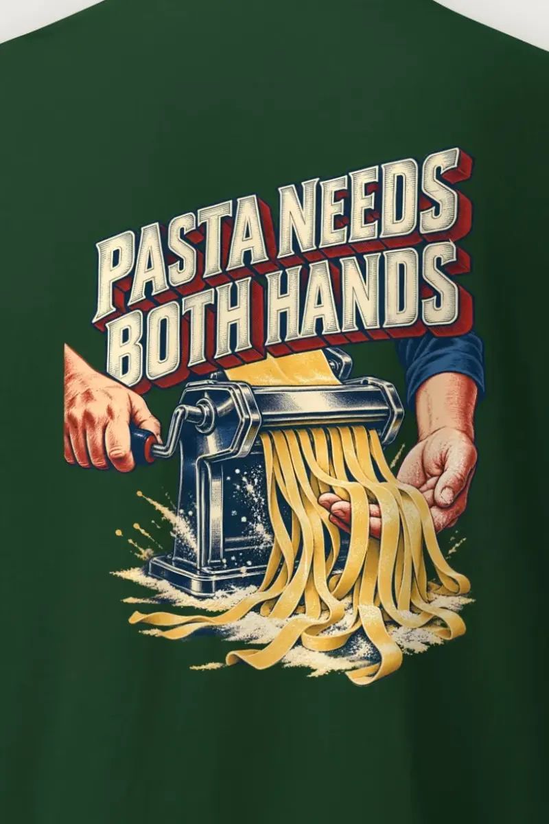 "Pasta Needs Both Hands" Heavyweight Unisex Crewneck T-shirt - the graphic up close