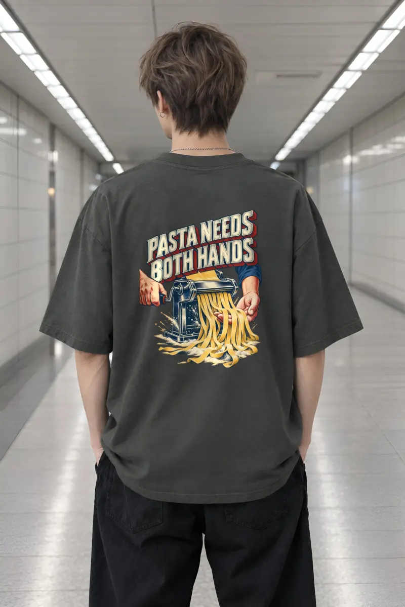 “Pasta Needs Both Hands” Men’s Oversized Heavyweight Crewneck T-Shirt