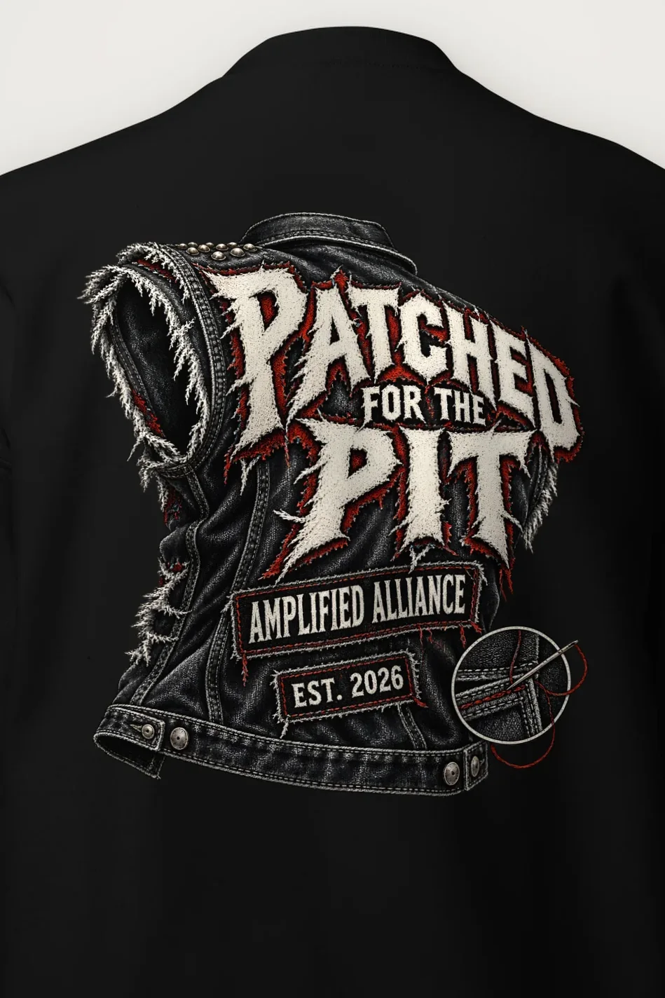 "Patched for the Pit" Heavy Blend Unisex Crewneck Sweatshirt - the graphic up close