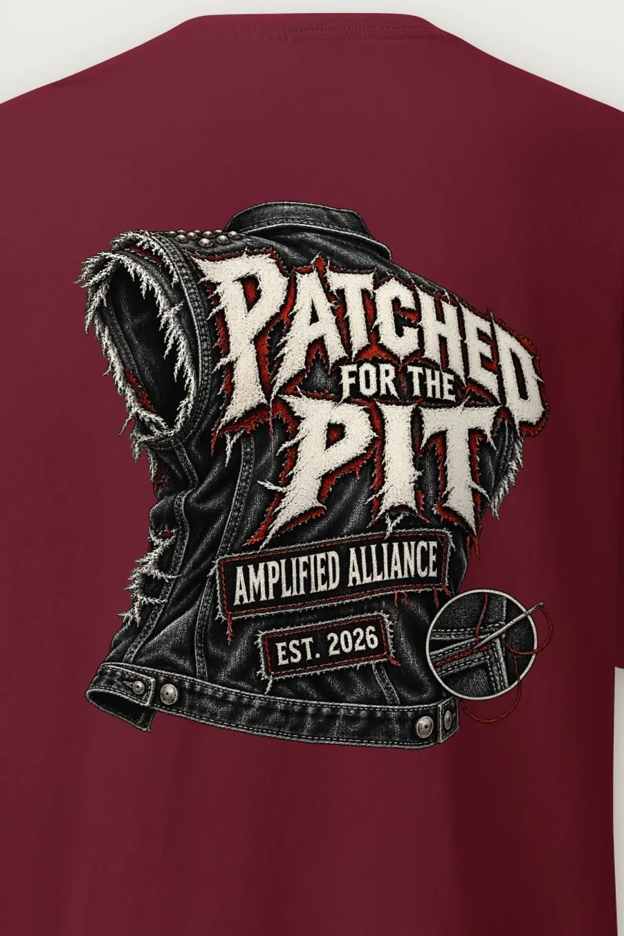 "Patched for the Pit" Heavyweight Unisex Crewneck T-shirt - the graphic up close