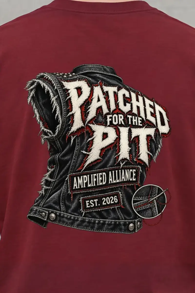 "Patched for the Pit" Heavyweight Unisex Crewneck T-shirt - the graphic up close