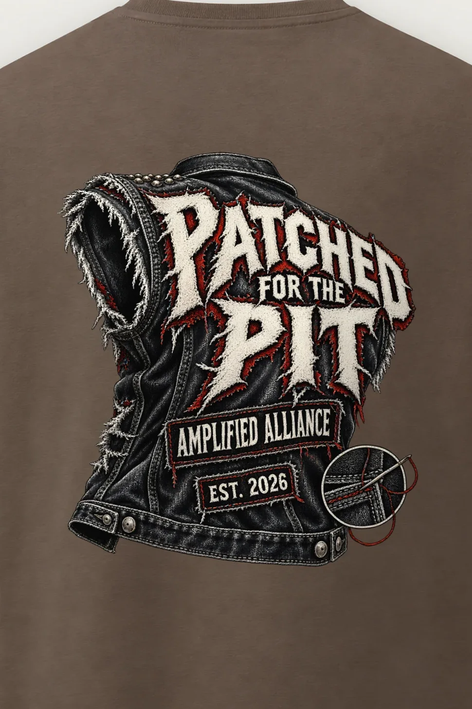 "Patched for the Pit" Men’s Oversized Heavyweight Crewneck T-Shirt - the graphic up close