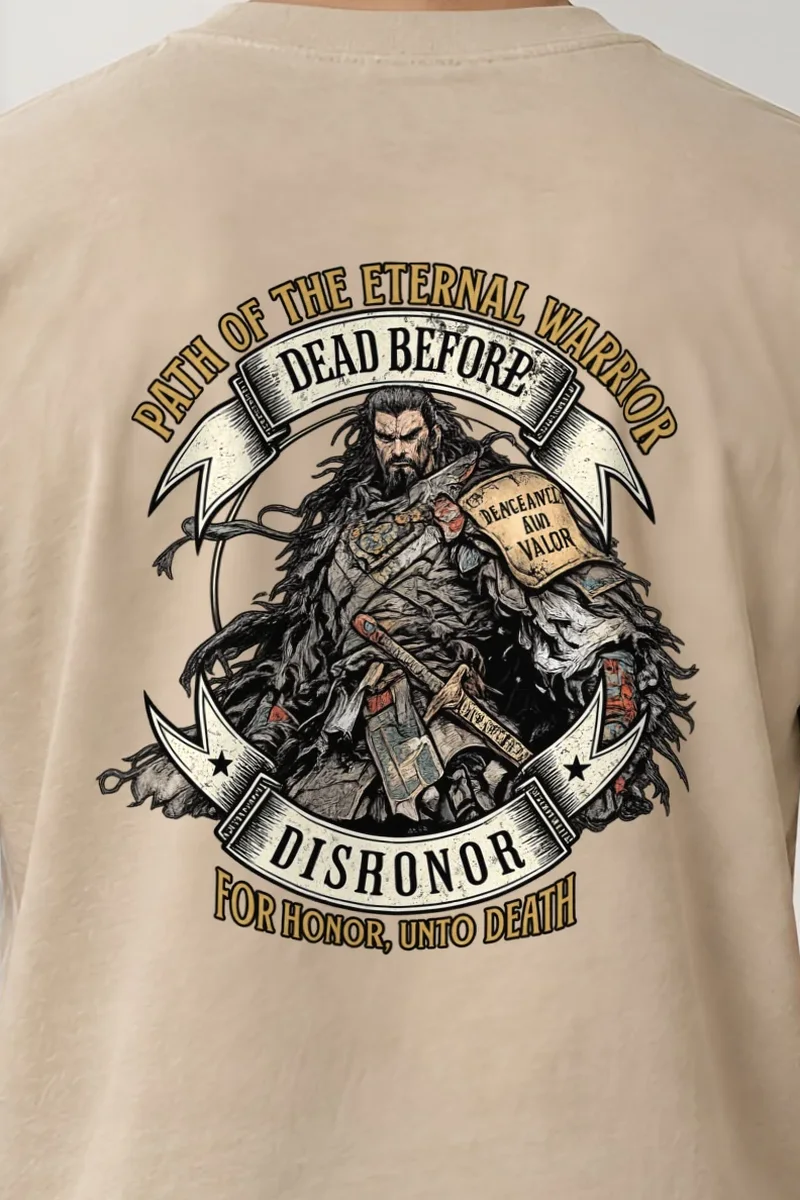 "Path Of The Eternal Warrior" Heavyweight Unisex Crewneck T-shirt - the graphic up close