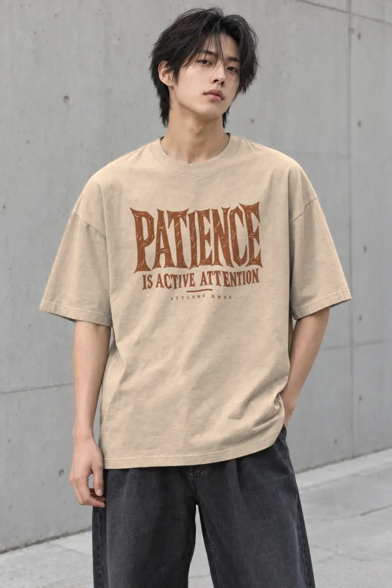 "Patience Is Active Attention" Men's Oversized Heavyweight Crewneck T-Shirt
