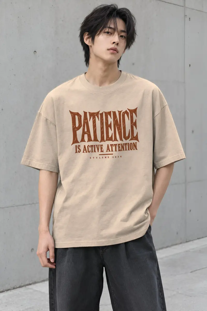 "Patience Is Active Attention" Men's Oversized Heavyweight Crewneck T-Shirt