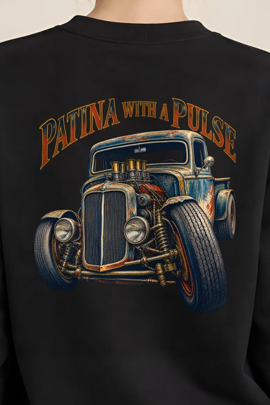 "Patina With a Pulse" Heavy Blend Unisex Crewneck Sweatshirt - the graphic up close