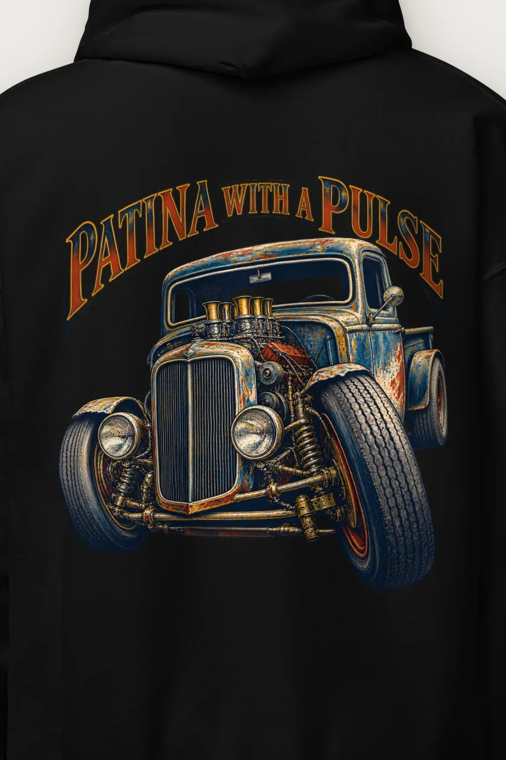 "Patina With a Pulse" Heavy Blend Unisex Pullover Hoodie - the graphic up close