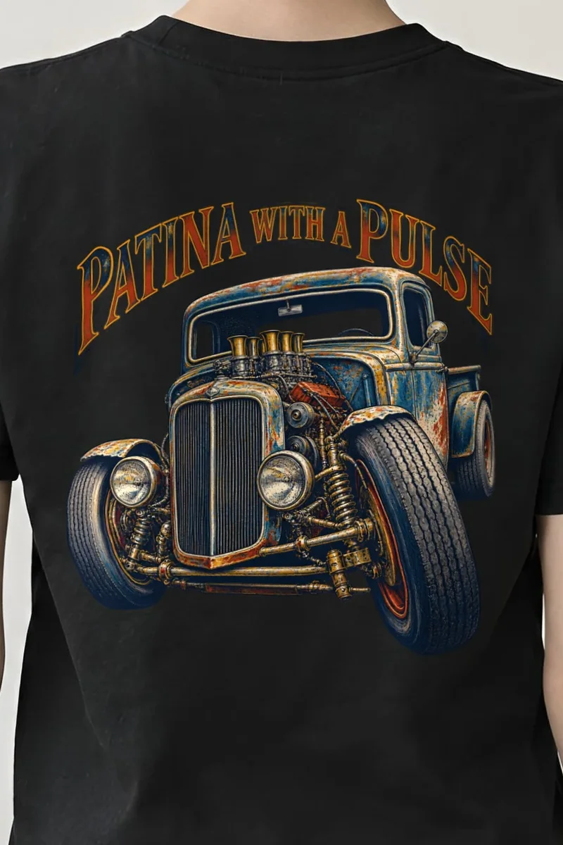 "Patina With a Pulse" Heavyweight Unisex Crewneck T-shirt - the graphic up close