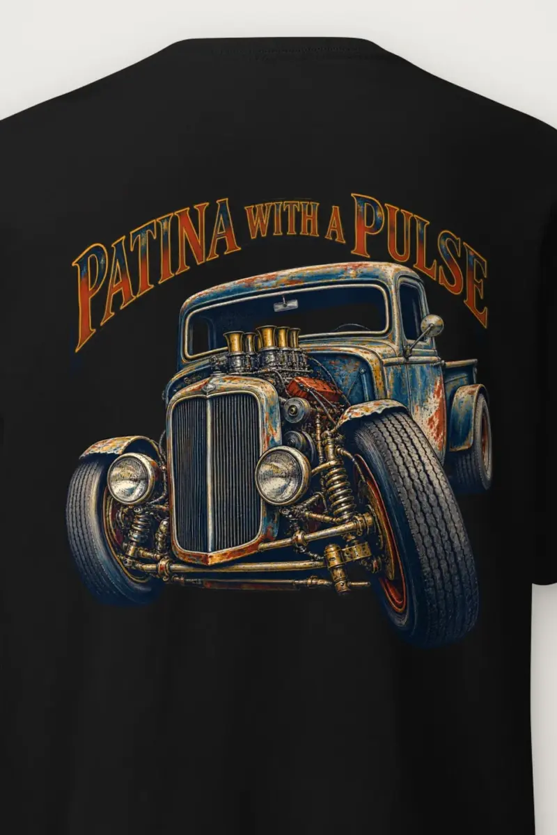 "Patina With a Pulse" Heavyweight Unisex Crewneck T-shirt - the graphic up close
