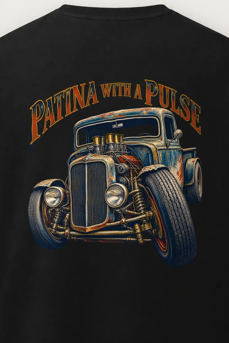 "Patina With a Pulse" Men’s Oversized Heavyweight Crewneck T-Shirt - the graphic up close