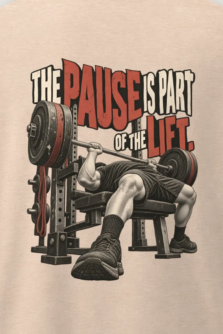 "Paused Bench Press Lifter" Men’s Oversized Heavyweight Crewneck T-Shirt - the graphic up close