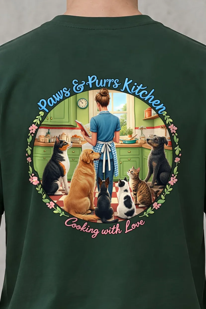 "Paws & Purrs Kitchen" Heavyweight Unisex Crewneck T-shirt - the graphic up close