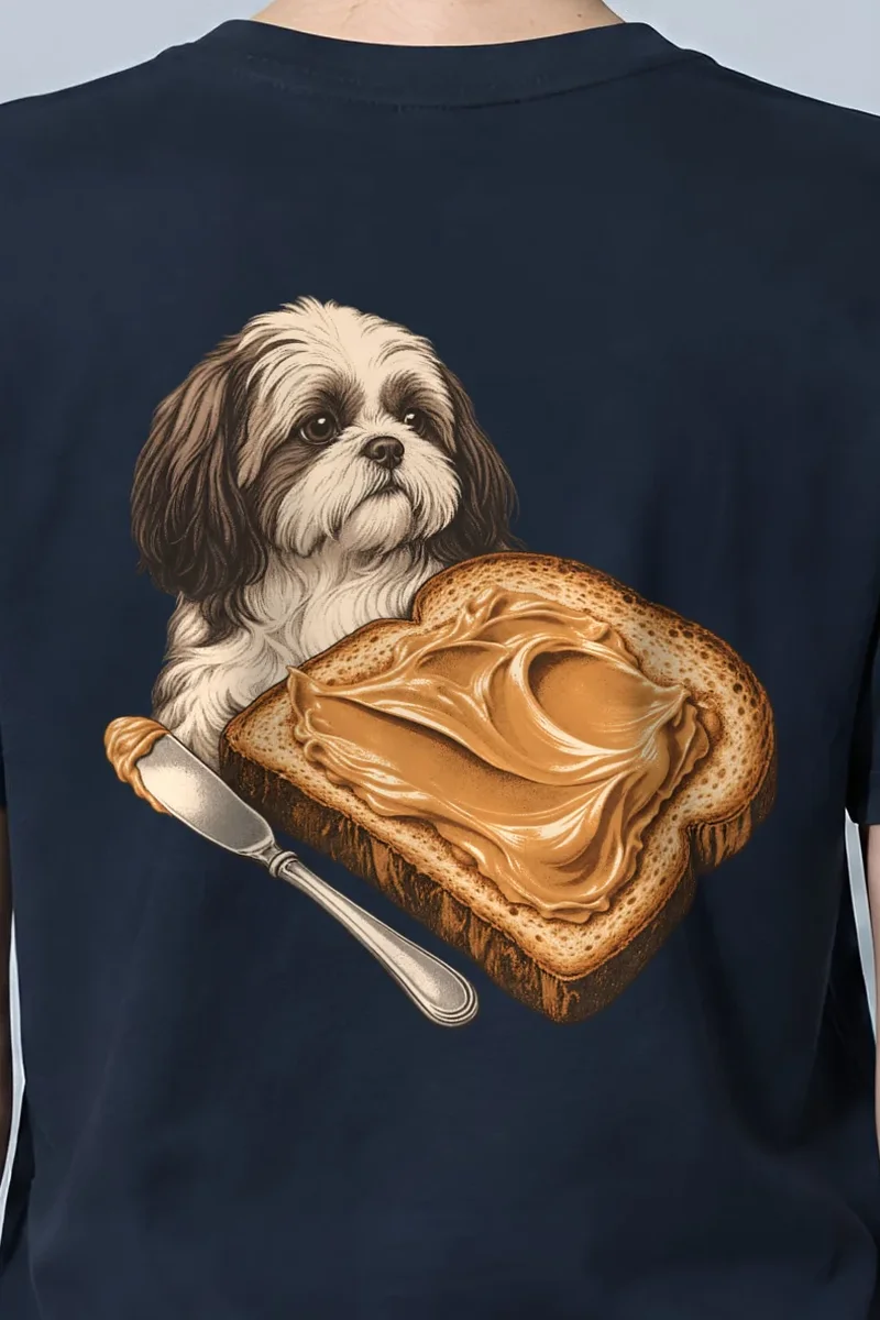 "Peanut Butter Shih Tzu" Heavyweight Unisex Crewneck T-shirt - the graphic up close