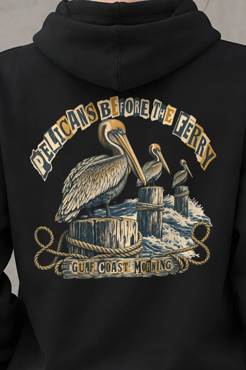 "Pelicans Before the Ferry" Heavy Blend Unisex Pullover Hoodie - the graphic up close