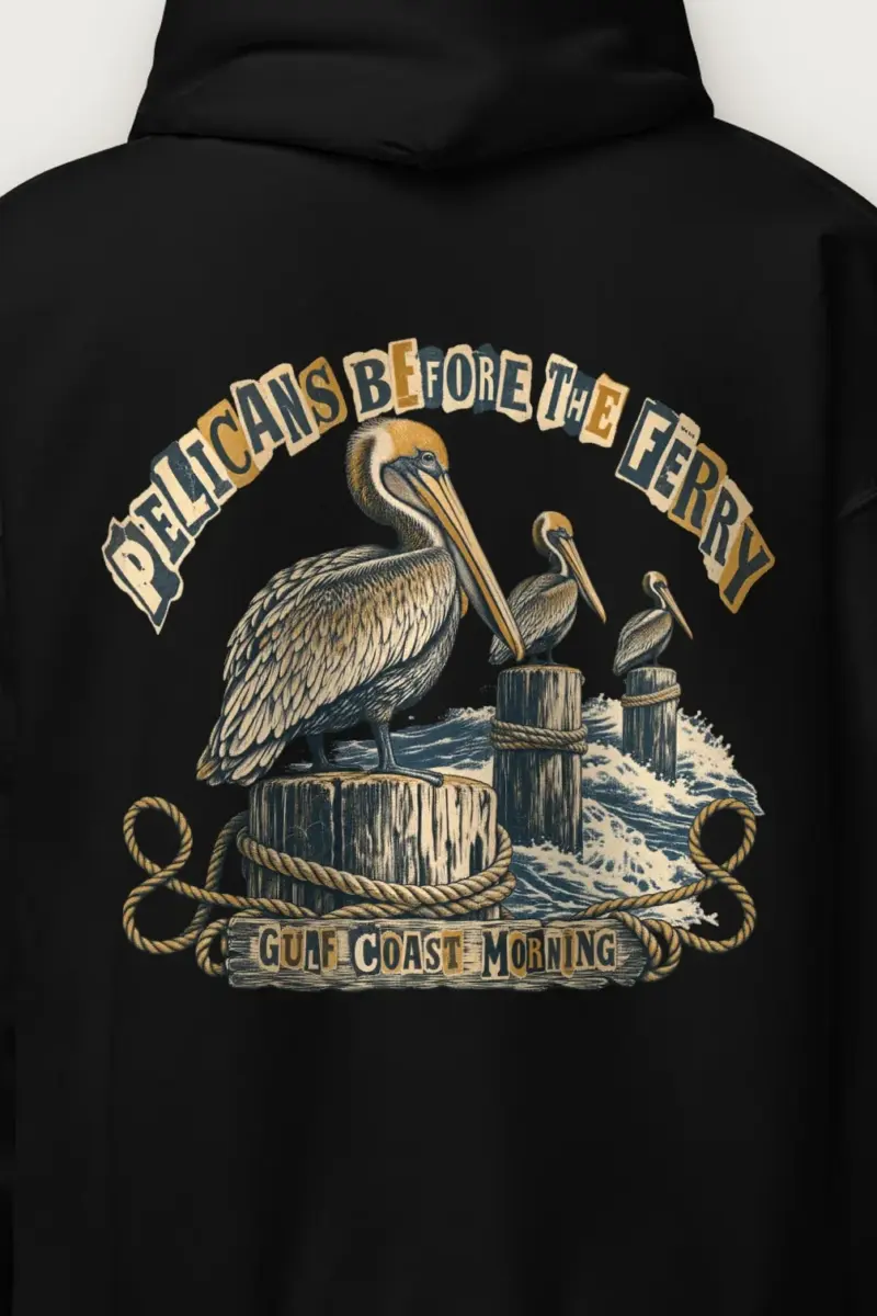 "Pelicans Before the Ferry" Heavy Blend Unisex Pullover Hoodie - the graphic up close